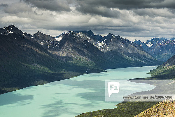 View of upper Twin Lake from a mountain ridge within Lake Clark National Park & Preserve  Alaska.