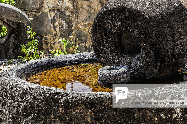 'Old millstone from the time of Christ that was uncovered in Capernaum on the north shore of the Sea of Galilee  this grinding wheel which could work even today; Capernaum  Israel'