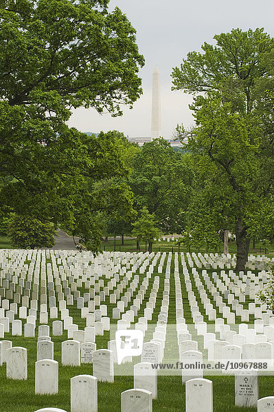 Reihen von Grabsteinen auf dem Arlington National Cemetery  mit dem Washington Monument auf der anderen Seite des Flusses in Washington  D.C.; Arlington  Virginia  Vereinigte Staaten von Amerika'.