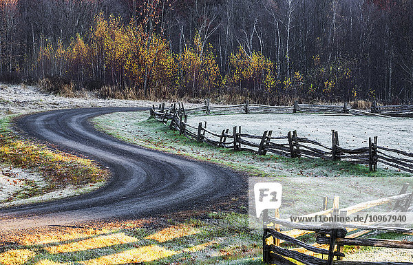 'Wooden rail fence in a frost covered grass field with trees in autumn colours and a winding road; Iron Hill,  Quebec,  Canada'