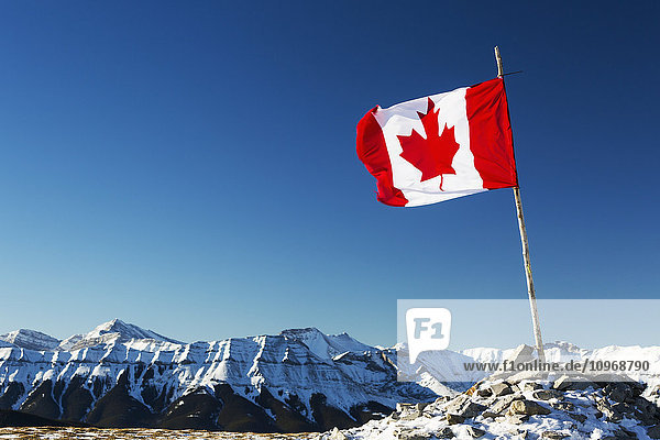 Eine kanadische Flagge weht im Wind  befestigt an einem hölzernen Zweig auf einem schneebedeckten Felsen auf einem Berg mit schneebedeckter Bergkette und blauem Himmel im Hintergrund; Kananaskis Country  Alberta  Kanada'
