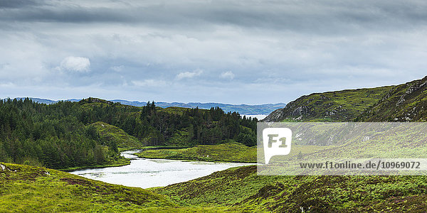 Ein Fluss  der in einen Teich fließt  umgeben von üppigem Gras und Wald in den Highlands; Schottland