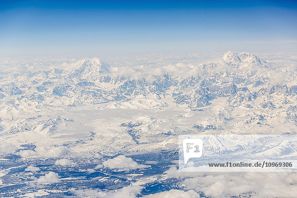 Aerial view of Denali and Mt. Foraker covered in snow  Alaska Range  Interior Alaska  USA  Winter