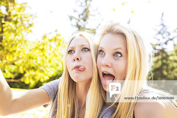 Zwei Schwestern  die sich im Herbst in einem Stadtpark vergnügen  Selfies von sich machen und lustige Gesichter schneiden; Edmonton  Alberta  Kanada'.