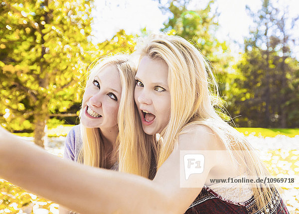 'Two sisters having fun in a city park in autumn and talking a selfie of themselves and making funny faces; Edmonton  Alberta  Canada'
