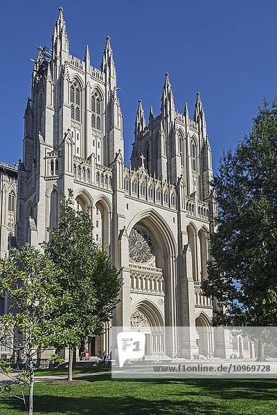 'Washington National Cathedral  west facade of cathedral  built in Gothic Revival style required 83 years to complete and repair work resulting from 2011 earthquake visible on left tower; Washington  District of Columbia  United States of America'