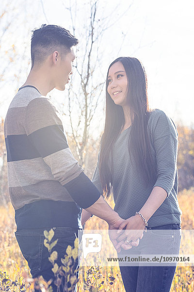 'A young Asian couple enjoying a romantic time together outdoors in a park in autumn and holding hands in the warmth of the sunlight during the early evening; Edmonton  Alberta  Canada'