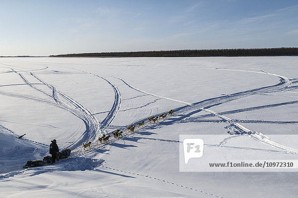 Mats Pettersson auf dem Koyukuk-Fluss am Morgen nach dem Verlassen des Kontrollpunkts Huslia während des Iditarod 2015