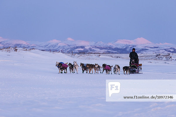 Aaron Burmeister runs on the slough with the Whaleback Mountains in the background leaving the Unalakleet during Iditarod 2015