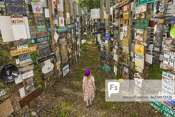 Young girl explores the Signpost Forest  Watson Lake  Yukon Territory  Canada  summer