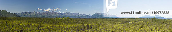 Panoramalandschaft mit Bergen und Tundra entlang des Alaska Highway südlich von Beaver Creek  Yukon Territorium  Kanada