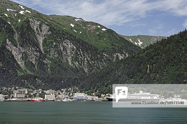 Cruise ship moored at the docks at Juneau  Gastineau Channel  Southeast Alaska