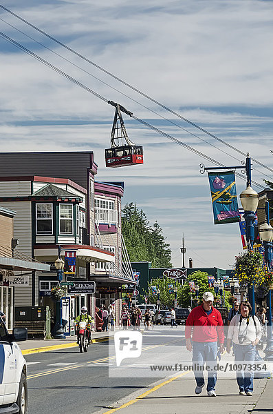 Store fronts along South Franklin Street with the tramway in the background  downtown Juneau  Southeast Alaska