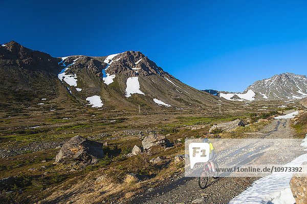 Ein Mann fährt an einem sonnigen Sommertag im Powerline Pass Valley im Chugach State Park in Southcentral Alaska mit dem Fahrrad.