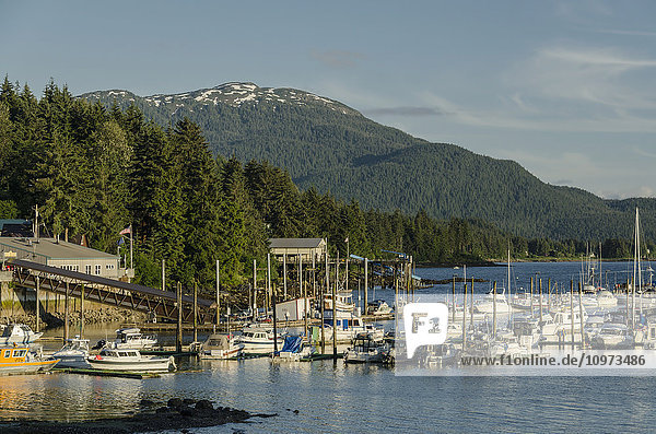 Scenic view of Auke Bay small boat harbor north of Juneau and Mt. Meek in the background  Southeast Alaska  Summer