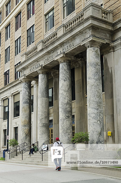 Limestone and marble portico of capitol building in downtown Juneau  Southeast Alaska