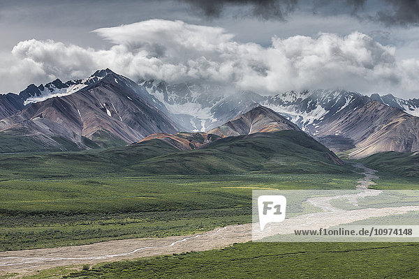 'Scenic view of Polychrome Pass and the Alaska Range  Denali National Park and Preserve  Interior Alaska  summer'