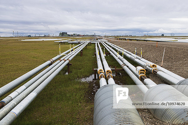 Ölpipelines mit Gathering Center 1 (GC1) im Prudhoe Bay Ölfeld  North Slope  Arctic Alaska  Sommer