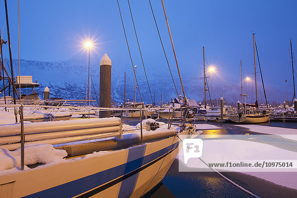 Blick auf schneebedeckte Boote im Hafen von Valdez  Southcentral Alaska  Winter