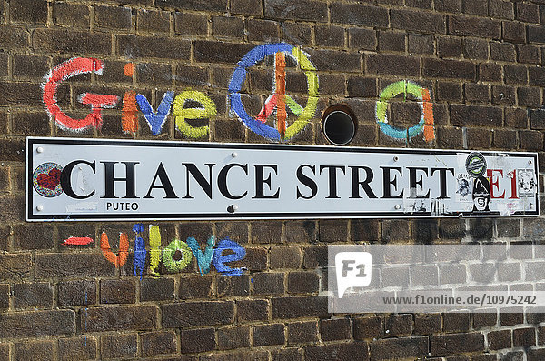 'Street sign at Brick Lane Market  Shoreditch; London  England'