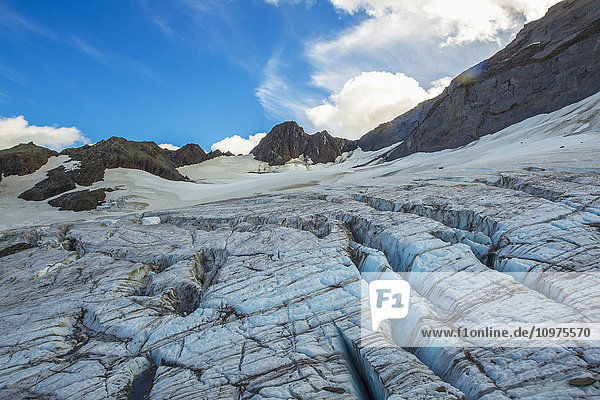 'Crevasses cover an unnamed glacier atop the Chugach Mountains  near Valdez; Alaska  United States of America'