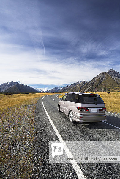 'Driving into Mount Cook National Park; Mount Cook  Canterbury  New Zealand'