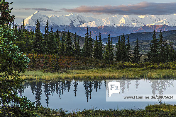 Scenic sunrise view over Mt. Brooks and the Alaska Range with a tundra pond in the foreground  Denali National Park  Interior Alaska  Autumn