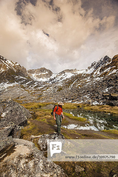 Man hikes the Reed Lakes Trail in Archangel Valley  Talkeetna Mountains  Southcentral Alaska  summer