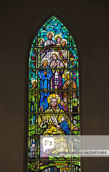 'Detail of stained glass windows of Saint-Michel Basilica-Cathedral; Sherbrooke  Quebec  Canada'
