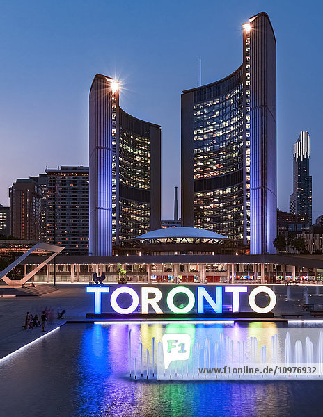 'Illuminated city sign in place for Pan Am Games at Nathan Phillips Square city hall; Toronto  Ontario  Canada '