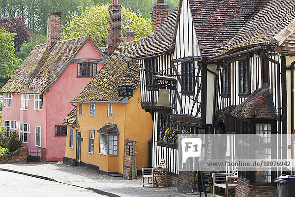 'Quaint colourful and half-timbered houses in an English village; Kersey  Suffolk  England'