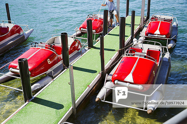 Eine Touristenattraktion am Luganer See  bei der man Paddelboote auf dem See mieten kann; Lugano  Schweiz'.