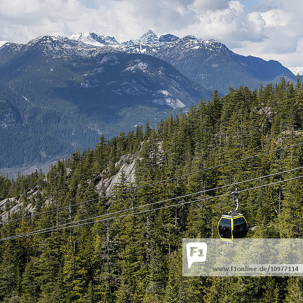 'Sea to Sky Gondola against Coast Mountains forest; Squamish  British Columbia  Canada'