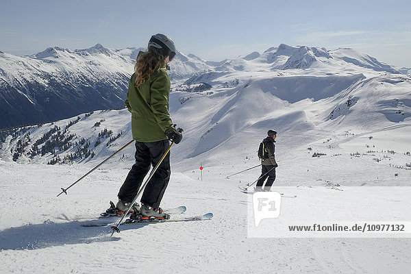 'Skiing down resort ski hill; Whistler  British Columbia  Canada'