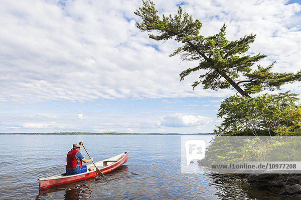 Mann paddelt Kanu in Ufernähe auf dem Balsam Lake; Ontario  Kanada'.