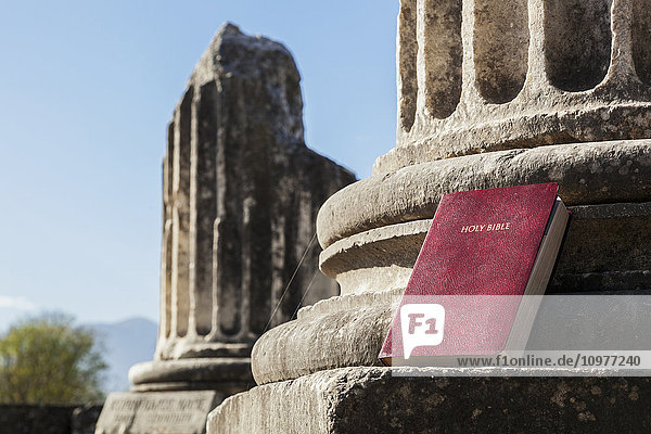 'Bible on display at temple ruins; Philippi  Greece'