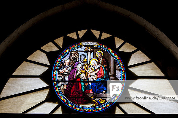 'The stained glass at the exit of the Church of St. Catherine that is attached to the Church of the Nativity; Bethlehem  Israel'