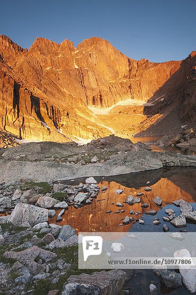 'First light on Long's Peak at Chasm Lake in Rocky Mountain National Park; Colorado United States of America'