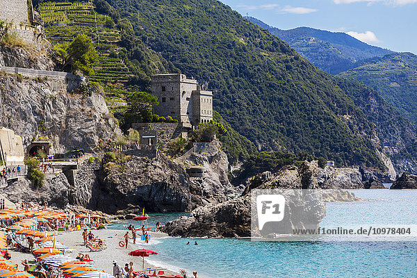 'A beach viewpoint of Monterosso al Mare  the first village stop at Cinque Terre National Park; Monterosso al Mare  Liguria  Italy'