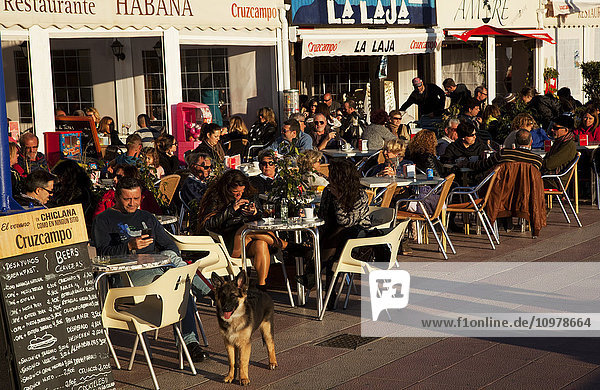 Ein Restaurant mit einem Innenhof voller Gäste beim Essen; Chiclana de la Frontera  Andalusien  Spanien'.