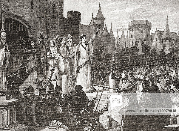 The Countess de Montfort inciting the people of Rennes to resist the French king in 1341. Joanna of Flanders  c. 1295 – 1374  aka Countess Jeanne  Jehanne de Montfort  and Jeanne la Flamme (Fiery Joanna). Consort Duchess of Brittany by her marriage to John de Montfort. From Cassell's History of England  published c.1901