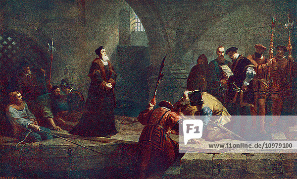 Cranmer  angeklagt wegen Hochverrat und Ketzerei  an der Verräterpforte  1553. Thomas Cranmer  1489 - 1556. Ein Führer der englischen Reformation und erster protestantischer Erzbischof von Canterbury 1533-1556. Aus der Jahrhundertausgabe von Cassell's History of England  veröffentlicht 1901.