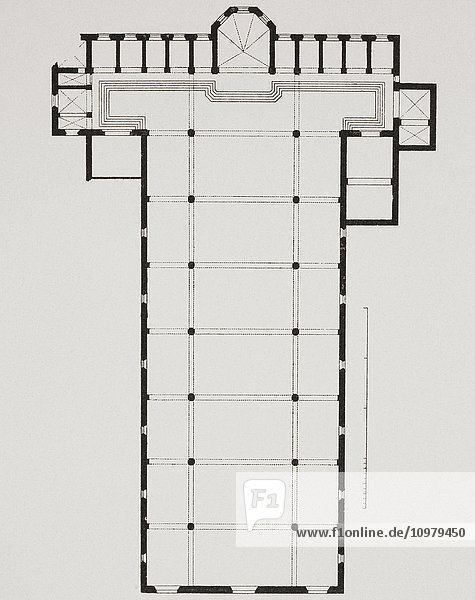Ground plan of the Basilica di Santa Croce (Basilica of the Holy Cross)  Florence  Italy. From Kunstgeschichte In Bildern  published 1902.