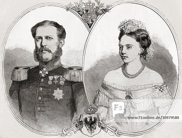 Duke William or Willem of Mecklenburg-Schwerin  1827 - 1879  and his wife Princess Frederica Wilhelmina Louise Elisabeth Alexandrine of Prussia  1842 – 1906. From L'Univers Illustre  published 1866.
