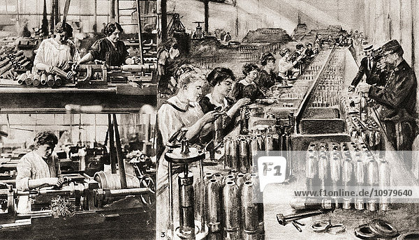 Frauen  die in einer französischen Granatenfabrik während des Ersten Weltkriegs mit Drehbänken hantieren und Ergebnisse testen. Aus The Illustrated War News  veröffentlicht 1915.