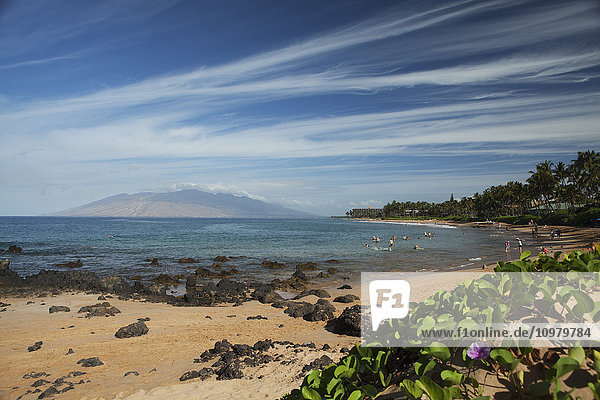 Zirruswolken,  Keawakapu Beach mit einheimischen Pohuehue-Blüten (Ipomoea pes-caprae) und Schwimmern,  Kihei und Wailea Beach mit West Maui Mountains; Kihei,  Maui,  Hawaii,  Vereinigte Staaten von Amerika'.