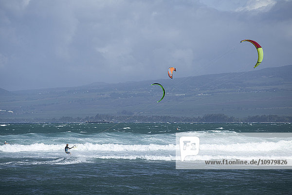 'Kite surfers at Waiehu Beach  near Wailuku; Maui  Hawaii  United States of America'