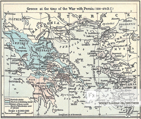 Karte Griechenlands zur Zeit des Krieges mit Persien  500 - 479 v. Chr. Das athenische Reich in seiner Blütezeit. Aus Historischer Atlas  veröffentlicht 1923.
