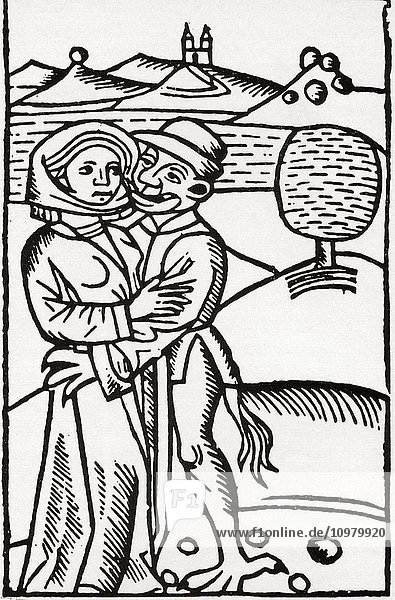 Ein Teufel verführt eine Hexe  nach einer Illustration in Ulrich Molitors De Lamiis aus dem 15. Jahrhundert.