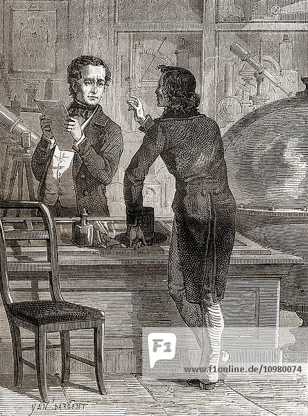 Nicéphore Niépce whilst still unknown and poor in Charles Chevalier's optical and instruments shop. Charles Louis Chevalier 1804- 1859. French engineer/optician. Nicéphore Niépce born Joseph Niépce 1765 – 1833. French inventor of photography. From Les Merveilles de la Science published c.1870